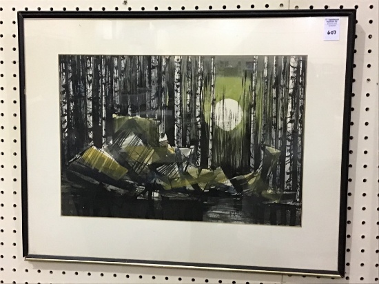 Framed Watercolor Abstract Forest Scene