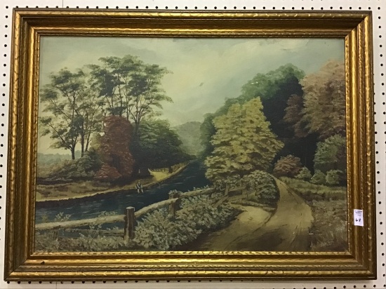 Framed Painting of Woodland Stream w. Fisherman