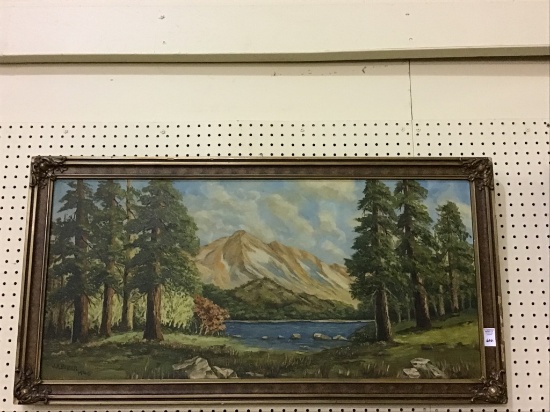 Framed Mountain Lake Landscape Painting