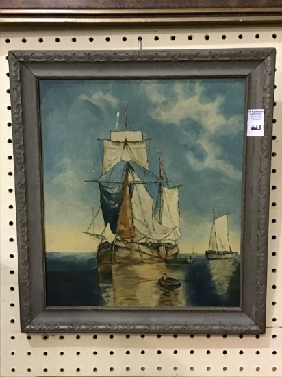 Sm. Framed Painting of Board of Sailing Ships by