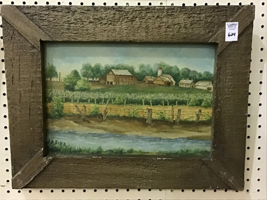 Rustic Framed Painting on Board of Country Farm