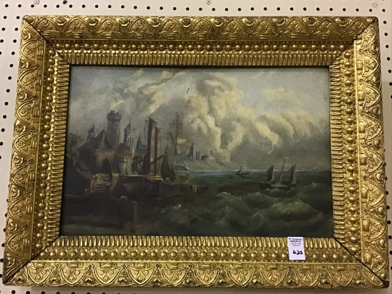 Ornate Framed Castle & Ship Painting on Board
