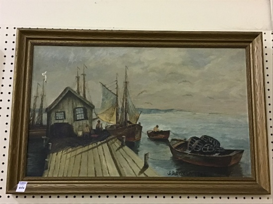 Framed Painting on Board of FIshing Scene Signed