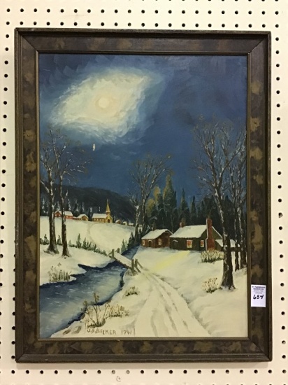 Framed Winter Landscape Painting on Board by