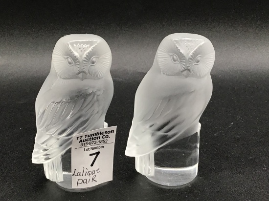 Pair of Lalique France Crystal Owl Scuplture