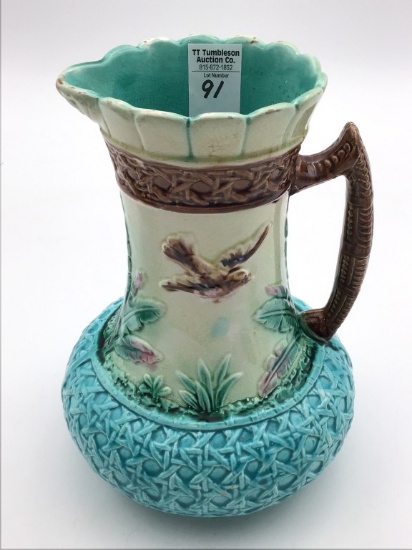 Lg. Majolica Decorated Bird in Flight Pitcher