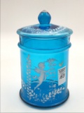 Blue Glass Covered Jar w/ Cupid Mary Gregory Type