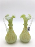 Pair of Lemon Lime Satin Glass Ewers w/ Enamel