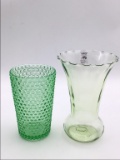 Lot of 2 Green Vaseline Glass Vases Including