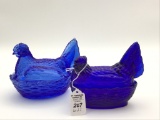 Lot of 2 Vintage Cobalt Blue Glass Chicken