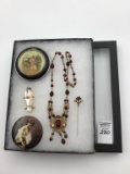 Vintage Ladies Red Stone Necklace & Stick Pin,