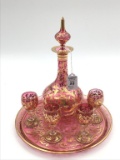 Moser Cranberry & Gold Decanter Liquor Set