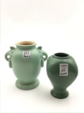 Lot of 2 Green Pottery Vases Including Rumrill