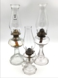 Lot of 3 Glass Kerosene Lamps w/ Chimneys
