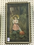 Vintage Framed Print of Girl Watering Pumpkin