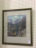 Framed Pastel Scenic Mountain Print Signed