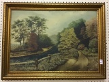 Framed Painting of Woodland Stream w. Fisherman