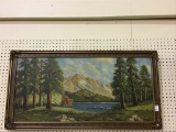Framed Mountain Lake Landscape Painting