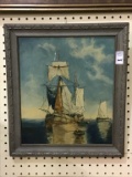 Sm. Framed Painting of Board of Sailing Ships by