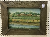 Rustic Framed Painting on Board of Country Farm
