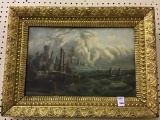 Ornate Framed Castle & Ship Painting on Board