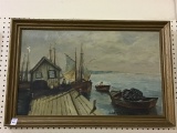 Framed Painting on Board of FIshing Scene Signed