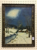Framed Winter Landscape Painting on Board by