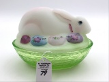 Fenton Rabbit Nesting on Vaseline Glass Bottom