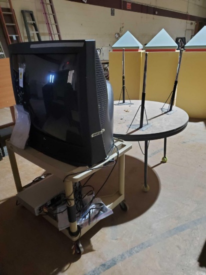 Rolling cart tv and 2 round tables