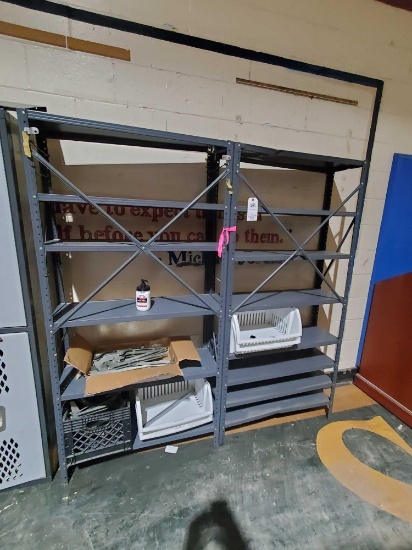 2 metal shelves and contents