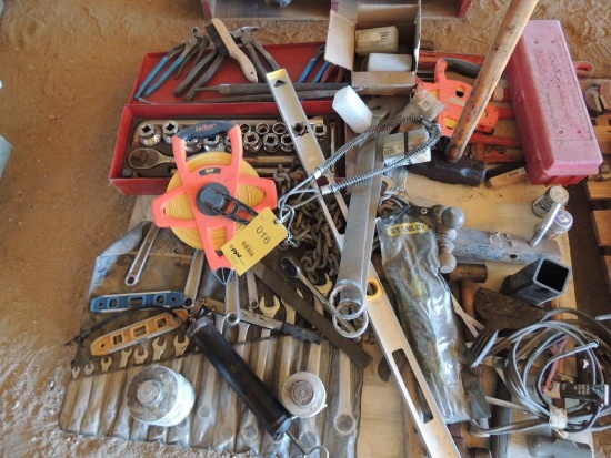 LOT: Wrenches, Hammers, Pliers, Levels, Tape Measure, Hack Saw, Socket Set, Pipe Wrenches