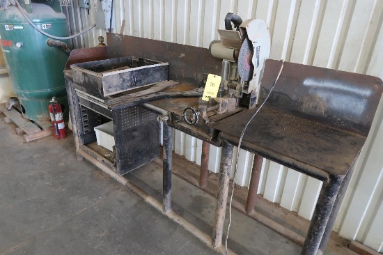 LOT: 14 in. Chop Saw Mounted on 19 in. x 90 in. Steel Work Bench