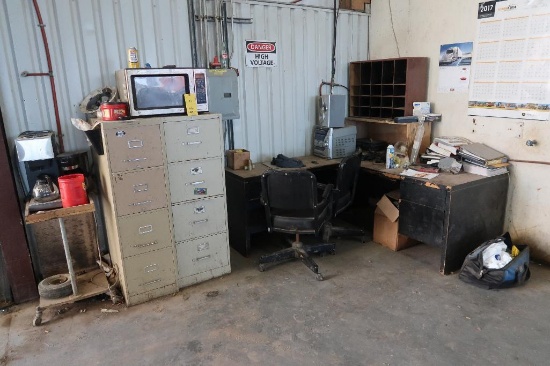 LOT: Shop Office including (2) 4-Drawer File Cabinets, Desk, Microwave Oven, (2) Chairs (manuals not