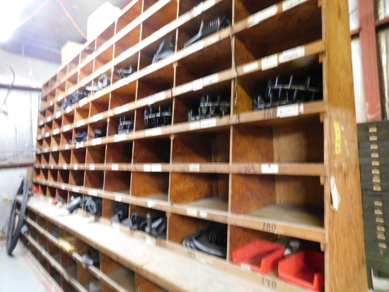 LOT: Large Wood Parts Bin with Contents of Large Quantity of Farm Implement Parts & Accessories