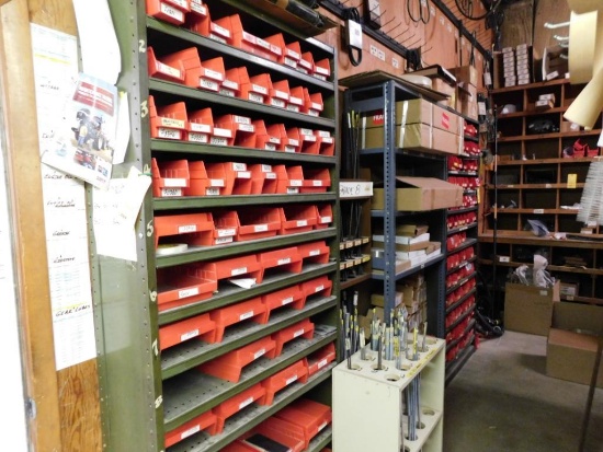 LOT: (3) Sections Steel Shelving with Contents of Assorted Hardware, Parts, Threaded Rod, Belts,