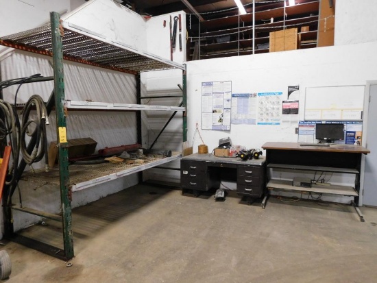 LOT: 9 ft. Wide x 48 in. Deep x 8 ft. High Pallet Rack with Desk, Table & Assorted Contents