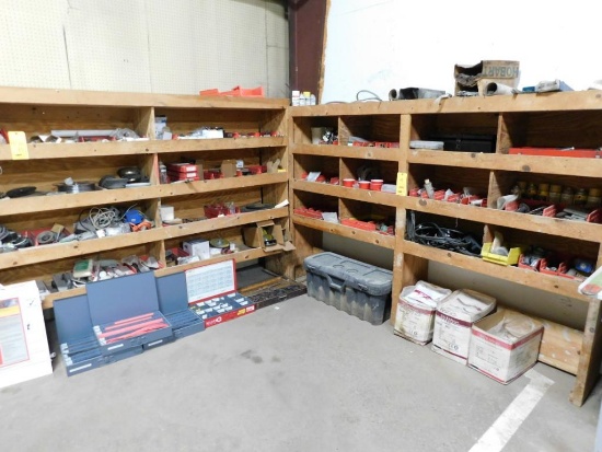 LOT: Wood Shelving Units with Contents of Welding Supplies, Abrasives, Electrical Supplies, Fire