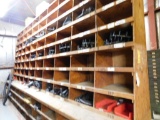 LOT: Large Wood Parts Bin with Contents of Large Quantity of Farm Implement Parts & Accessories
