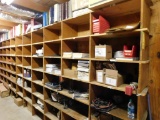LOT: Wood Storage Bins with Contents of Filters, Assorted Parts, Manuals
