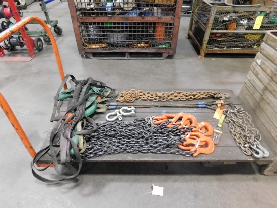 LOT: Rolling Cart with Assorted Lifting Chain & Straps