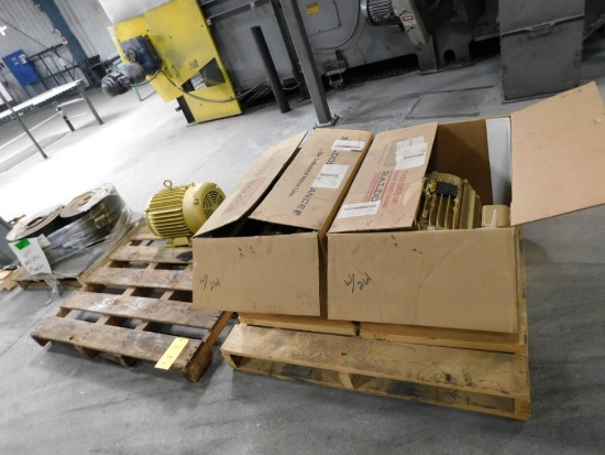 LOT: Spare Parts for Pangborn Shot Blast Machine including (3) 25 HP Motors, Bucket Elevator Belts,