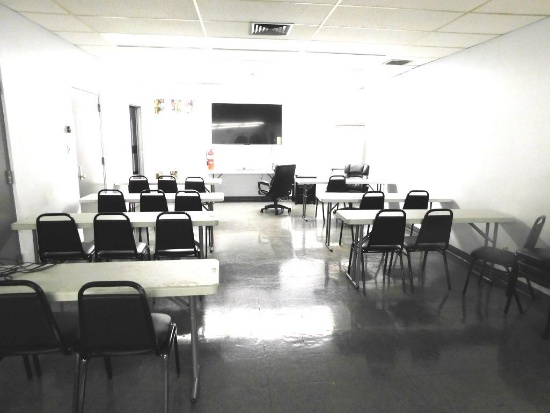 LOT: Contents of Meeting Room including (10) Folding Tables, Approx. (30) Assorted Chairs, Bookcase,