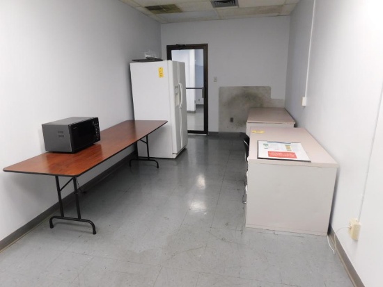 LOT: Contents of (2) Offices including (3) Desks, (2) Chairs, Frigidaire Refrigerator, Microwave