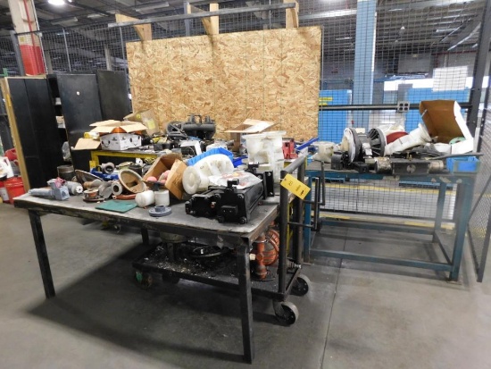 LOT: (3) Steel Work Benches & (2) Cabinets with Contents of Diaphragm Pump Parts & Assorted