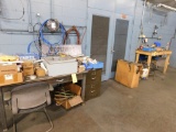 LOT: Desk & (2) Work Benches with Contents, 6 in. Double End Bench Top Grinder