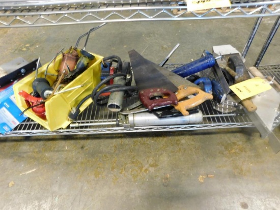 LOT: Assorted Thread Repair Kits, Drywall Taping Tools, Hand Saws, Grease Guns, Mallets, Hole Saws &