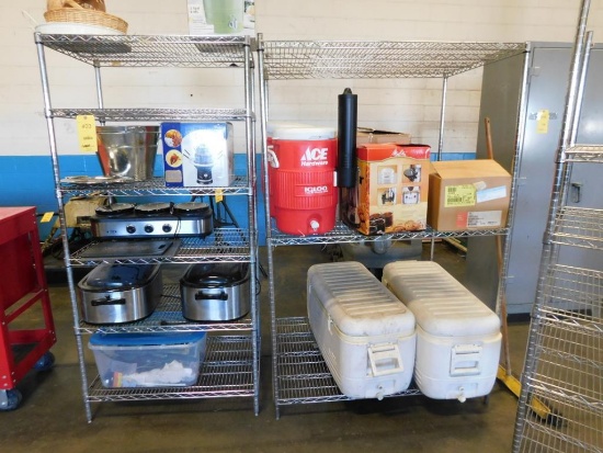 LOT: Assorted Steel Racks with Contents of Coolers, Roasters, Beverage Dispensers, etc.