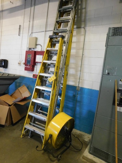 LOT: 12 ft. & 8 ft. A-Frame Ladders, 28 ft. Extension Ladder, Drum Fan