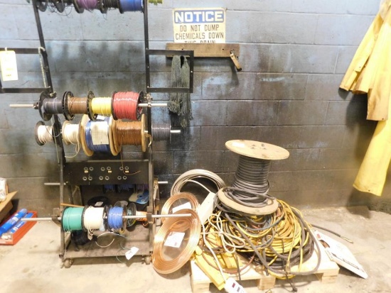 LOT: Wire Rack with Contents of Wire, (1) Pallet of Extension Cords & Copper Tube
