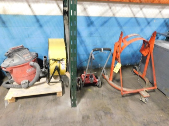 LOT: Barrel Dolly, Paint Striper, Drum Fan, (4) Shop Vacuums